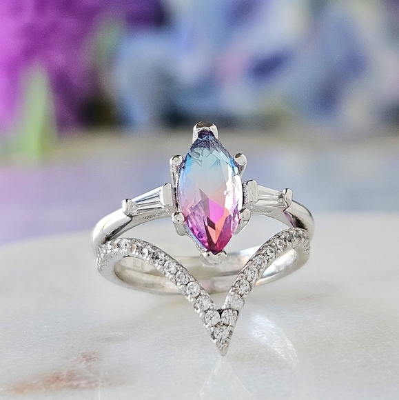 Pink & Purple marquise Gemstone Ring, real 925 Sterling Silver Charmed Aroma - Picture 4 of 4
